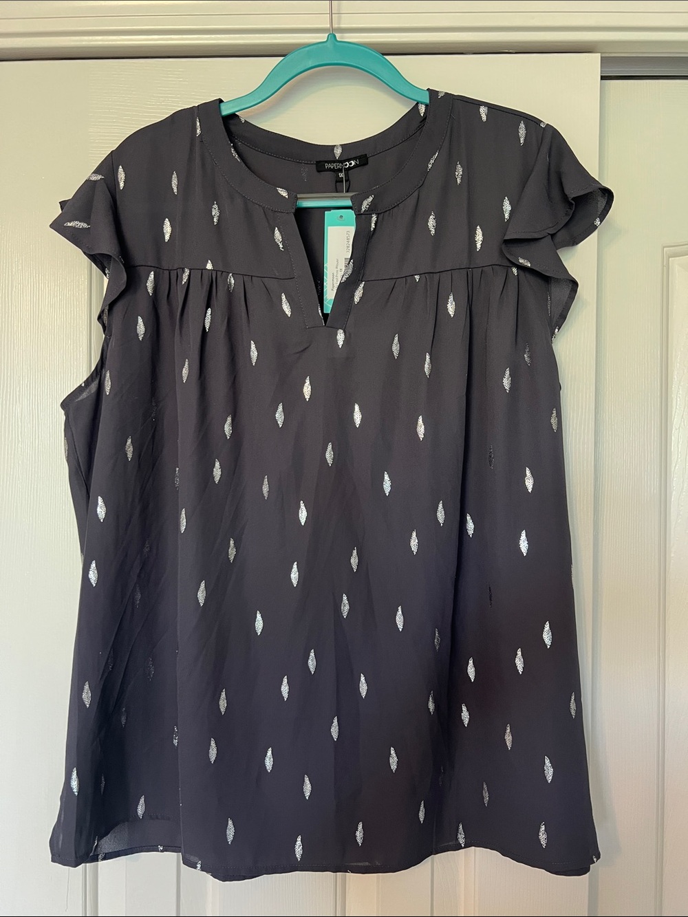 Papermoon Black Blouse with Silver Leaf Motif Size 1X New With Tags